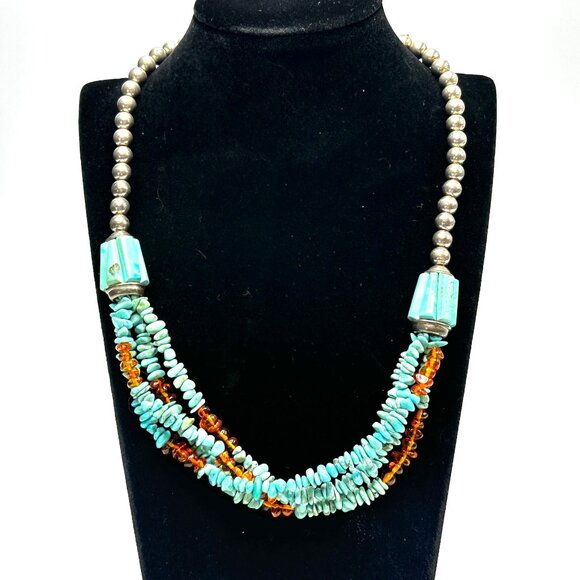Vintage Navajo Four-Strand Turquoise and Amber Necklace w/Fluted Barrel Beads - Picture 1 of 14